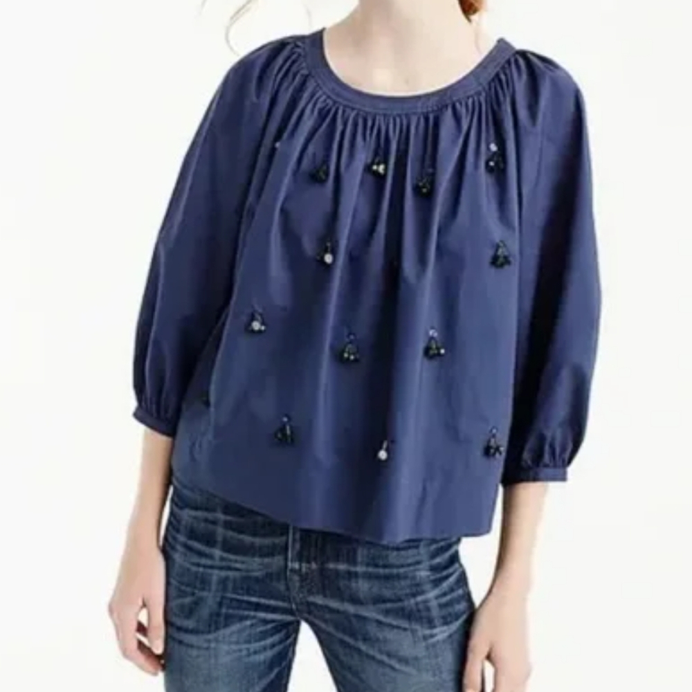 J. Crew Navy Blouse with Bead Embellishments